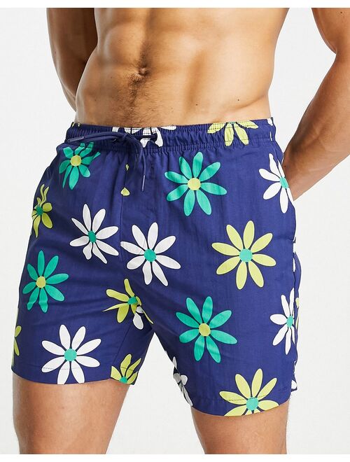 Pull&Bear flower print swim shorts in navy