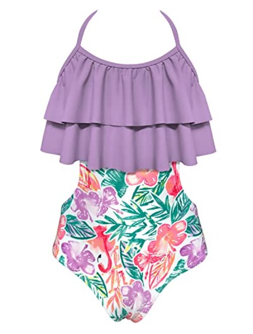 SHEKINI Girl's Halter Swimsuits Hawaiian Flounce Cutout One Piece Bathing Suits