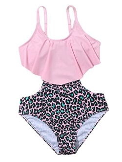 Girl's Leopard Cut Out Ruffle Trim High Cut Spaghetti Strap One Piece Swimsuit