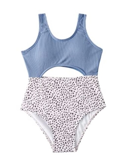 Girl's Cute Print Cut Out One Piece Swimsuit Tie Front Monokini