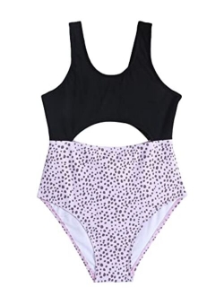 Girl's Cute Print Cut Out One Piece Swimsuit Tie Front Monokini