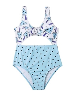 Girl's Cute Print Cut Out One Piece Swimsuit Tie Front Monokini