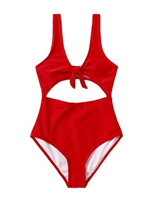 WDIRARA Girl's Cute Print Cut Out One Piece Swimsuit Tie Front Monokini