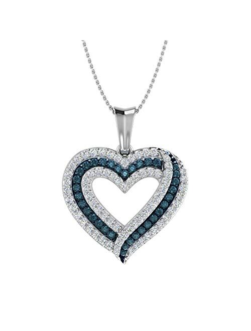 Finerock 1/2 Carat Blue Diamond & White Diamond Heart Pendant Necklace in 925 Sterling Silver