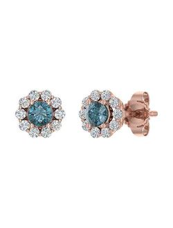 1/3 Carat Blue and White Diamond Cluster Stud Earrings in 10K Gold