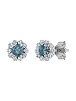 1/3 Carat Blue and White Diamond Cluster Stud Earrings in 10K Gold