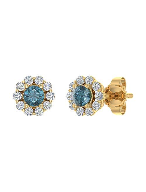 Finerock 1/3 Carat Blue and White Diamond Cluster Stud Earrings in 10K Gold