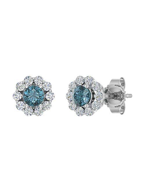 Finerock 1/3 Carat Blue and White Diamond Cluster Stud Earrings in 10K Gold