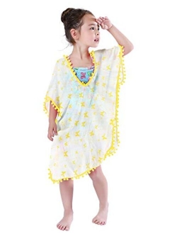 MissShorthair Girls Beach Coverup Printed Swimsuit Cover Up for Kids Swimwear with Pom Pom Trim