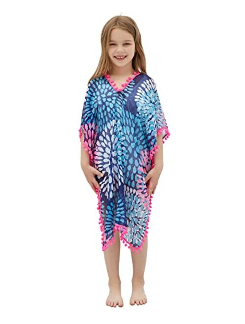 MissShorthair Girls Beach Coverup Printed Swimsuit Cover Up for Kids Swimwear with Pom Pom Trim