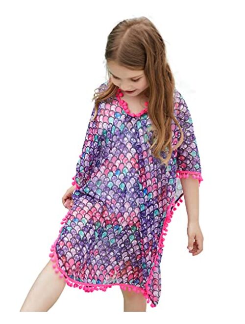 MissShorthair Girls Beach Coverup Printed Swimsuit Cover Up for Kids Swimwear with Pom Pom Trim