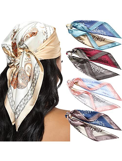 AWAYTR 23.6 Inches Satin Head Scarves for Women 4PCS Square Silk Like Hair Scarves Silk Hair Bandanas