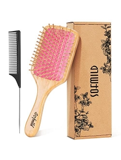 Sofmild Hair Brush-Natural Wooden Bamboo Brush and Detangle Tail Comb Instead of Brush Cleaner Tool