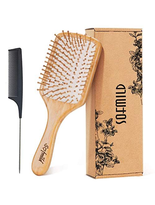 Sofmild Hair Brush-Natural Wooden Bamboo Brush and Detangle Tail Comb Instead of Brush Cleaner Tool