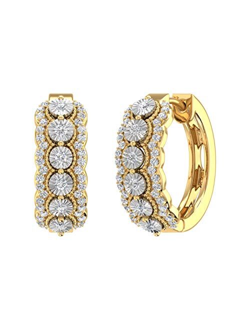 Finerock 1/2 Carat Round Diamond Hoop Earrings in 925 Sterling Silver or in 18K Yellow Gold over Sterling Silver