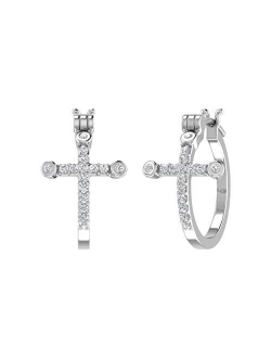 1/4 Carat Diamond Hoop Earrings with Cross Sign in 10K Gold