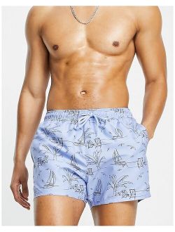 swim shorts with line drawing beach print short length