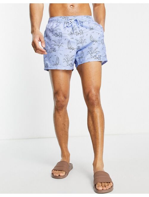 ASOS DESIGN swim shorts with line drawing beach print short length