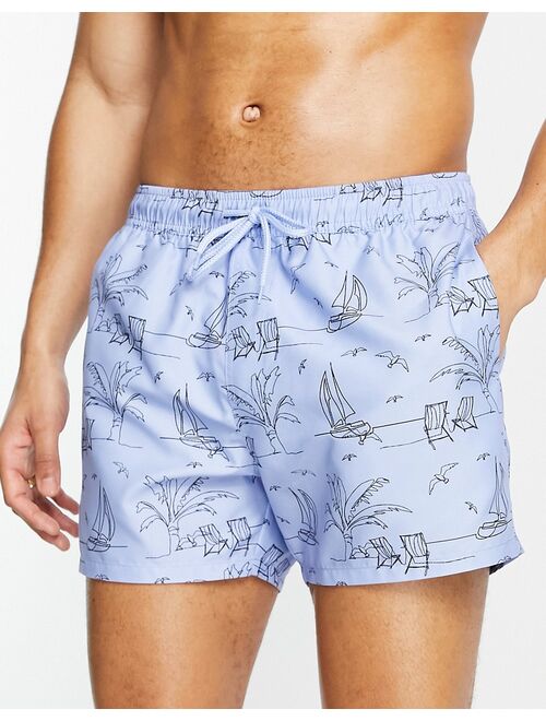 ASOS DESIGN swim shorts with line drawing beach print short length