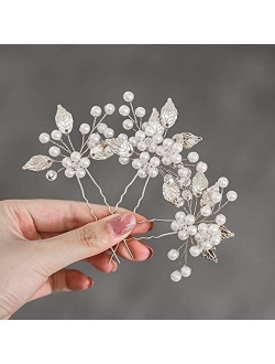 Heread Pearl Bride Wedding Hair Pins Leaf Bridal Head Piece Flower Hair Accessories for Women and Girls (Pack of 3)