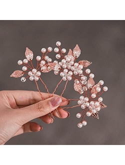 Heread Pearl Bride Wedding Hair Pins Leaf Bridal Head Piece Flower Hair Accessories for Women and Girls (Pack of 3)