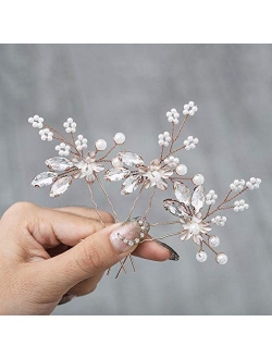 Heread Crystal Bride Wedding Hair Pins Flower Bridal Head Piece Pearl Hair Accessories for Women and Girls (Pack of 3)