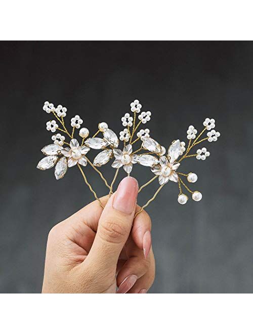 Heread Crystal Bride Wedding Hair Pins Flower Bridal Head Piece Pearl Hair Accessories for Women and Girls (Pack of 3)