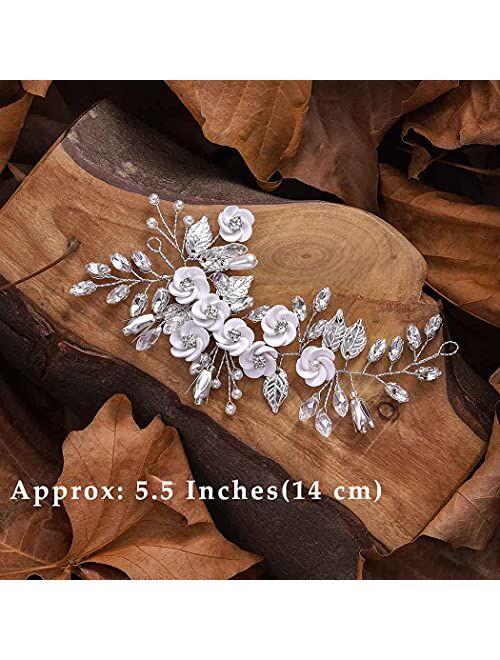 Latious Silver Flower Bride Wedding Hair Vine Crystal Bridal Hair Piece Rhinestone Hair Accessories Leaf Hair Jewelry for Women and Girls(5.5Inches)