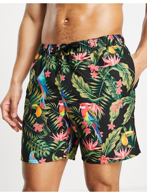 ASOS DESIGN swim shorts with tucan print mid length