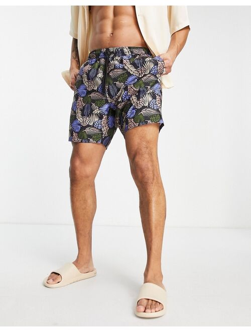 ASOS DESIGN swim shorts with leaf print mid length