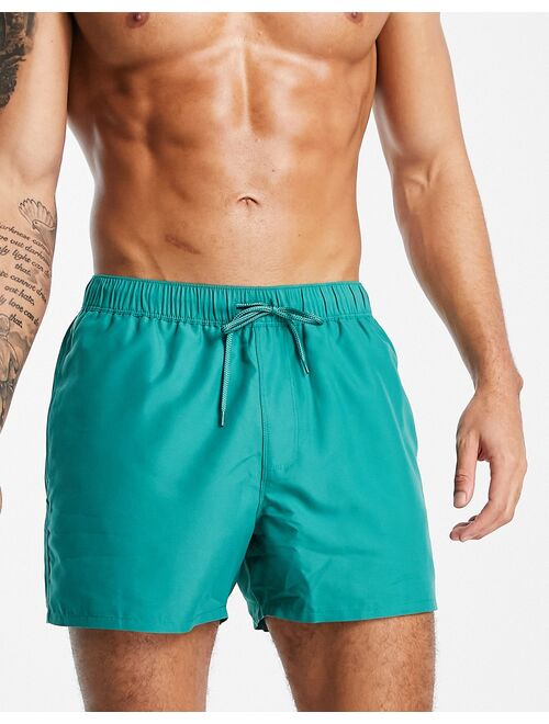 ASOS DESIGN swim shorts in beige and green short length save