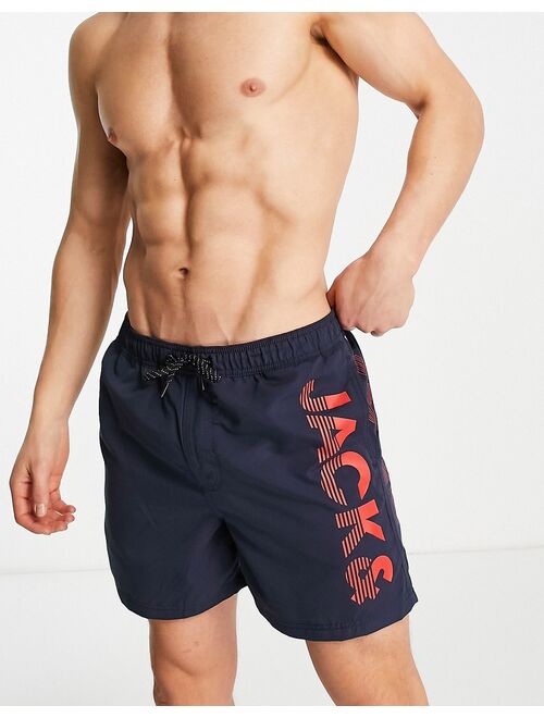 Jack & Jones intelligence swim short with contrast branding in navy