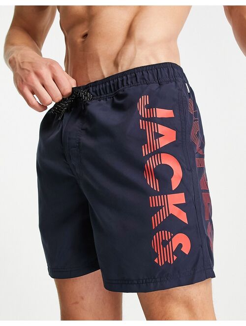 Jack & Jones intelligence swim short with contrast branding in navy