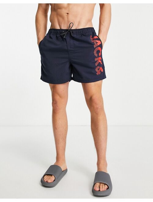 Jack & Jones intelligence swim short with contrast branding in navy