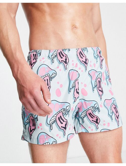 Bershka all-over mushroom print swim shorts in blue