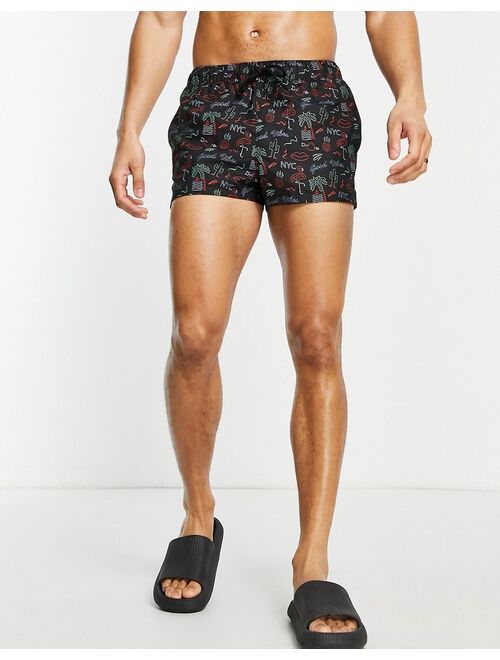 ASOS DESIGN swim shorts in Vegas print in black super short length