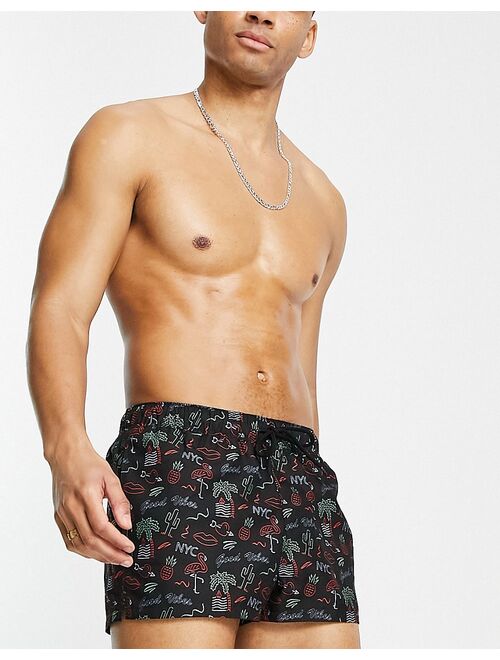 ASOS DESIGN swim shorts in Vegas print in black super short length