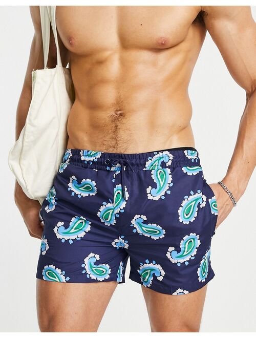 River Island oversized paisley swim shorts in navy