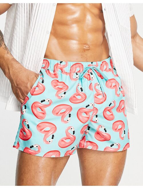 ASOS DESIGN swim shorts in flamingo print short length