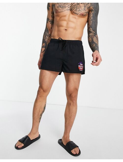 ASOS DESIGN swim shorts with badging in black super short length