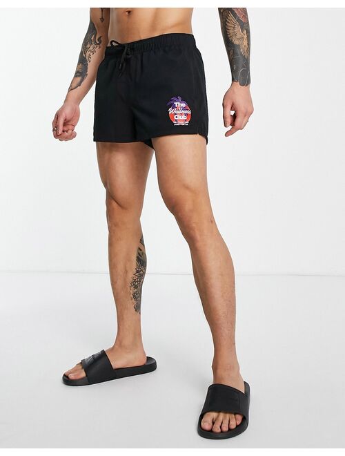 ASOS DESIGN swim shorts with badging in black super short length