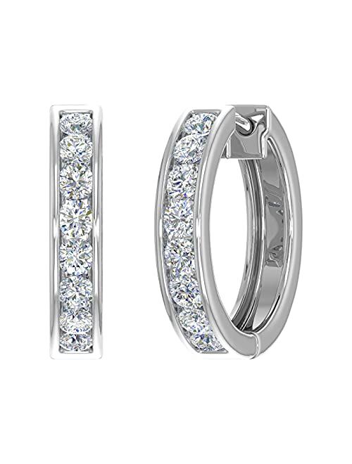 Finerock 14K Gold Hoop Huggies Channel Set Diamond Earrings (I1-I2 Clarity, 1/2 Carat to 1 Carat)