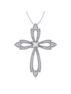 1/10 Carat to 1/2 Carat Diamond Cross Pendant Necklace in 10K White Gold (Silver Chain Included)