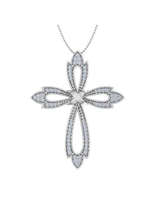 Finerock 1/10 Carat to 1/2 Carat Diamond Cross Pendant Necklace in 10K White Gold (Silver Chain Included)