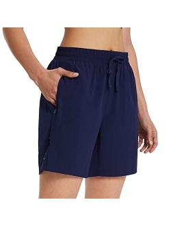 Women's 7" Long Running Shorts No Liner Zipper Pockets Quick Dry Athletic Workout Shorts