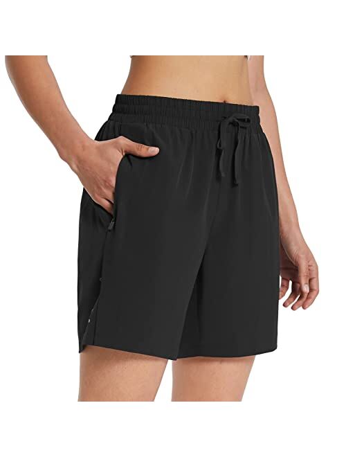 BALEAF Women's 7" Long Running Shorts No Liner Zipper Pockets Quick Dry Athletic Workout Shorts