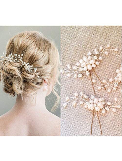 TreatMe Bridal Hair Pins - Wedding Hair Clips Set Pearl Rhinestones Bride Headpiece Hair Accessories for Women Girls