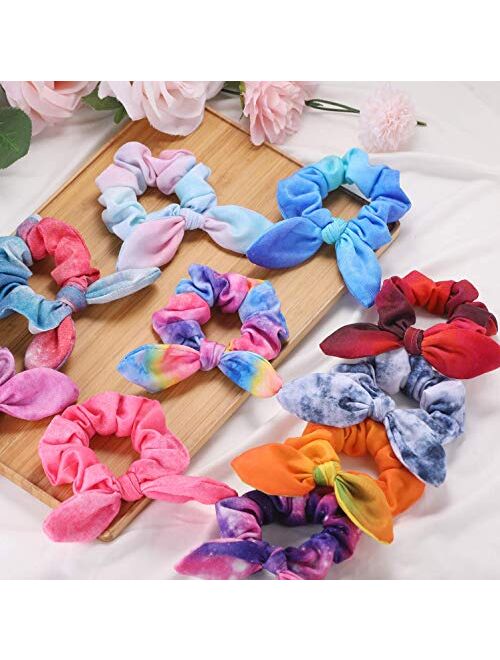 Bow Scrunchies for Hair, Funtopia 12 Pcs Cute Rabbit Bunny Ear Scrunchies, Fashion Colorful Tie Dye Scrunchy Hair Ties Bowknot Ponytail Holders for Women Girls Kids