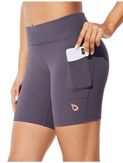 Women's 7" Compression Biker Shorts Pocket Yoga Spandex Running Workout