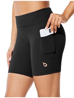 Women's 7" Compression Biker Shorts Pocket Yoga Spandex Running Workout